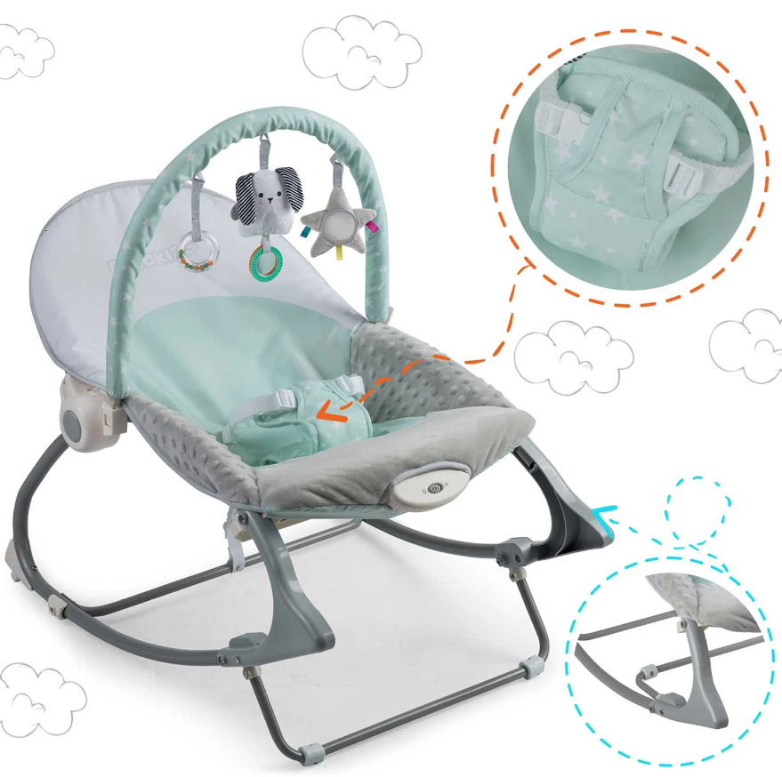 Balansoar 3in1 cu Vibratii si Melodii idealStore LuxuryCollections, Centura de Siguranta cu Prindere in 5 Puncte, Material Confortabil, Husa Detasabila, Greutate Maxima 9Kg, Menta