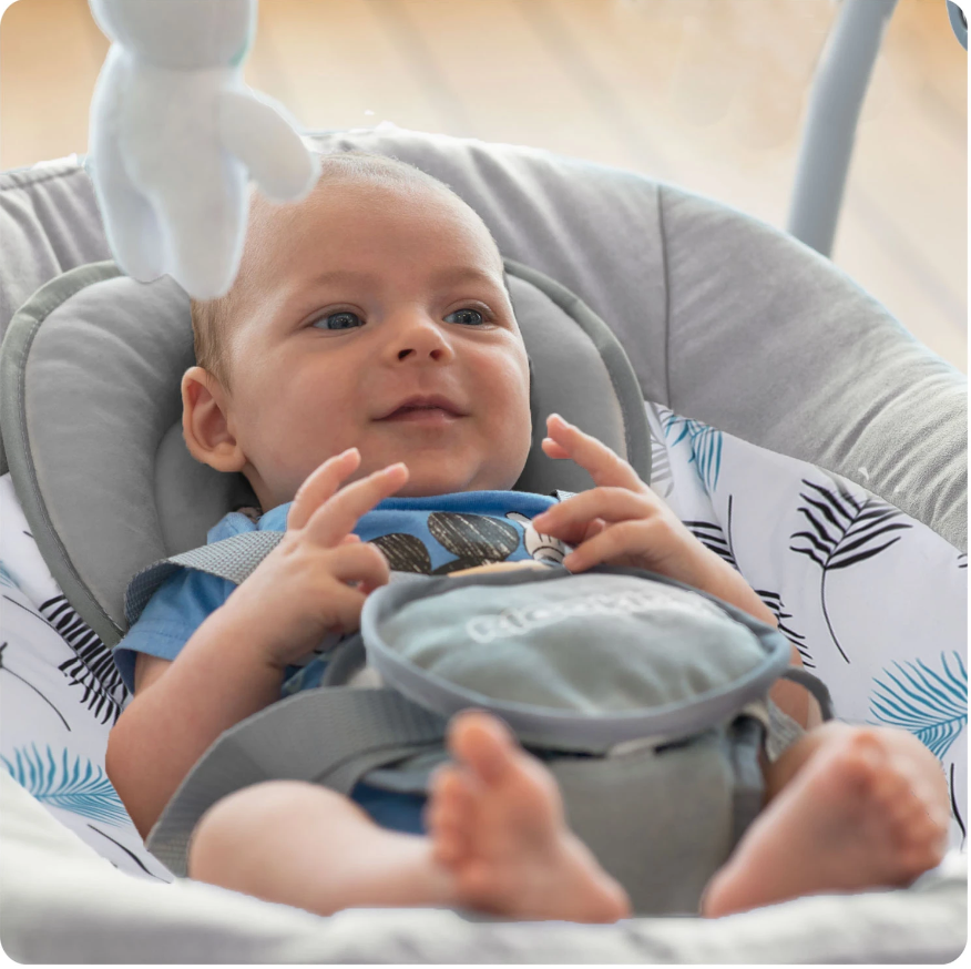 Balansoar Multifunctional cu Melodii idealStore LuxuryCollections, 5 Viteze de Balansare, 10 Cantece, Temporizator, Centuri de Siguranta, Spatar Reglabil, Greutate Maxima 9 Kg, Gri