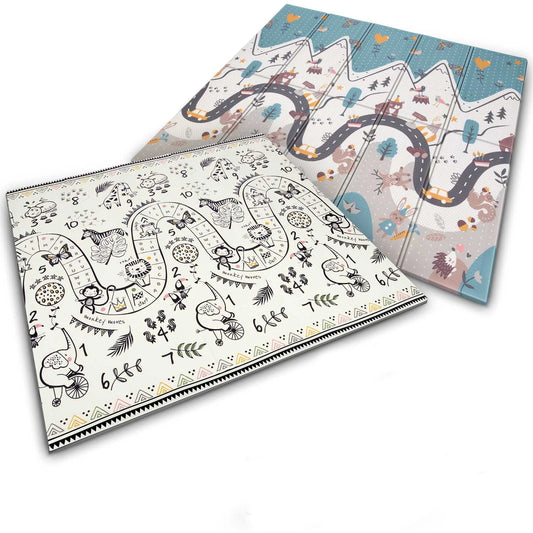 Covoras pliabil First Steps, din spuma cu doua fete IdealStore, Dimensiune 200 X 180 X 1, Termorezistent, Sistem antialunecare, Imprimeuri calde, Usor de intretinut