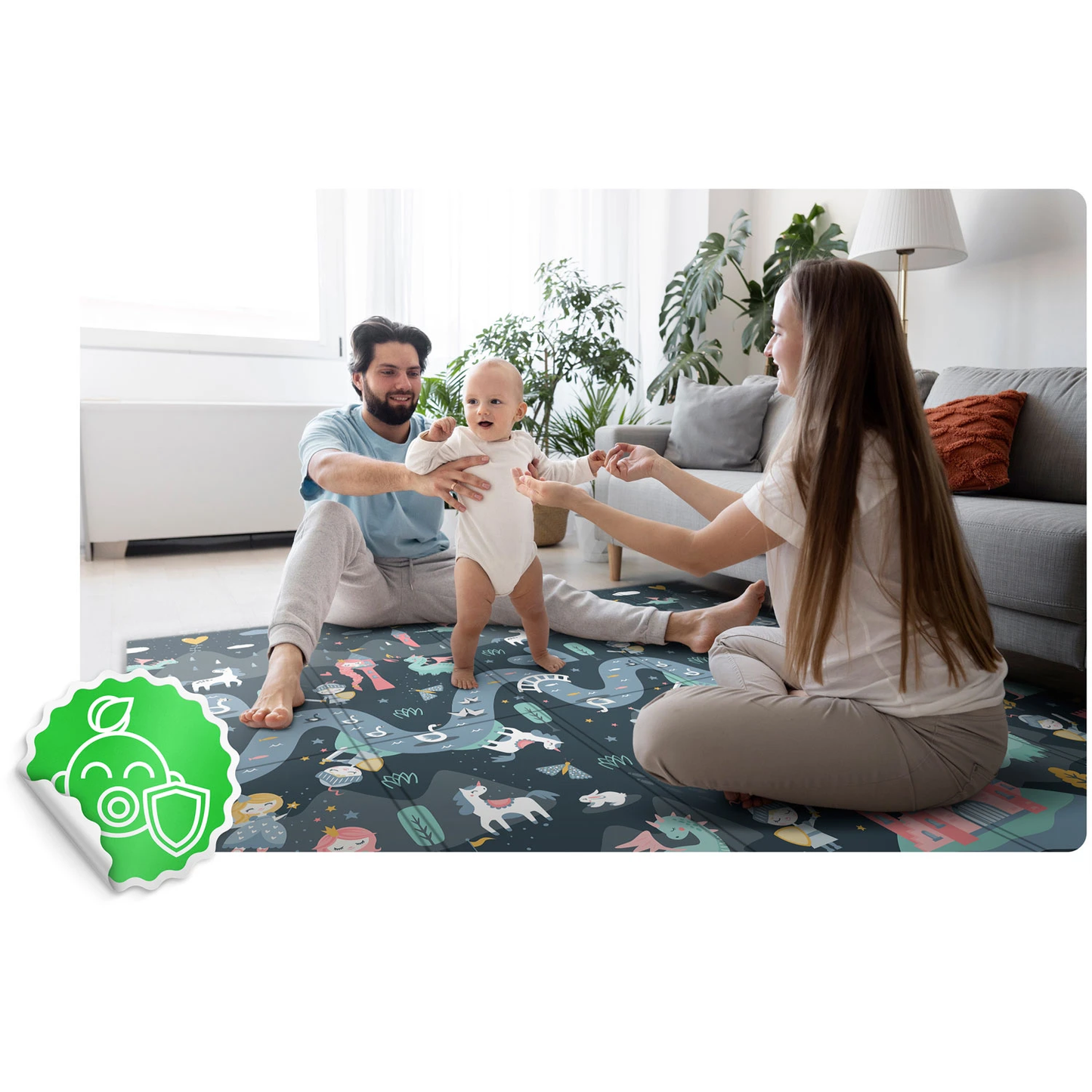 Covoras pliabil First Steps ideal STORE, Cu doua fete, Din spuma de inalta calitate Dimensiune 200 X 180 X 1, Sistem antialunecare, Imprimeuri calde atat pentru fetite cat si pentru baietei, Usor de intretinut, Asigura izolare termica fata de sol