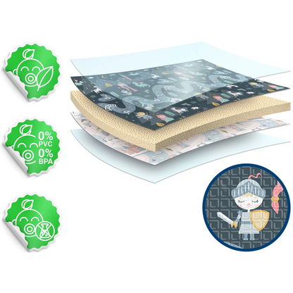 Covoras pliabil First Steps ideal STORE, Cu doua fete, Din spuma de inalta calitate Dimensiune 200 X 180 X 1, Sistem antialunecare, Imprimeuri calde atat pentru fetite cat si pentru baietei, Usor de intretinut, Asigura izolare termica fata de sol