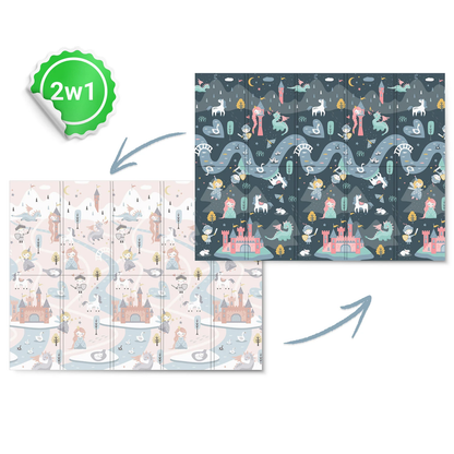 Covoras pliabil First Steps ideal STORE, Cu doua fete, Din spuma de inalta calitate Dimensiune 200 X 180 X 1, Sistem antialunecare, Imprimeuri calde atat pentru fetite cat si pentru baietei, Usor de intretinut, Asigura izolare termica fata de sol