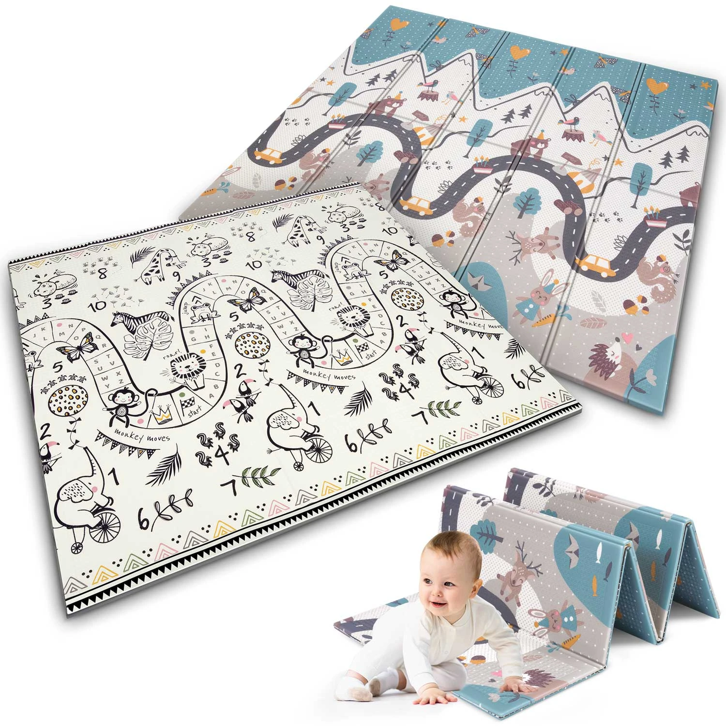 Covoras pliabil First Steps, din spuma cu doua fete IdealStore, Dimensiune 200 X 150 X 1, Termorezistent, Sistem antialunecare, Imprimeuri calde, Usor de intretinut