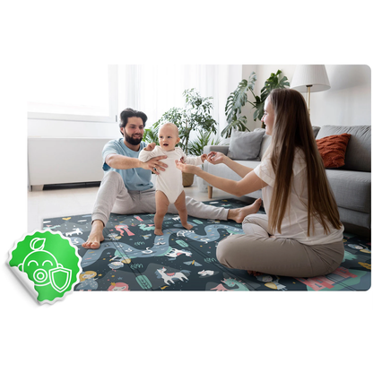 Covoras pliabil First Steps ideal STORE, Cu doua fete, Din spuma de inalta calitate Dimensiune 200 X 150 X 1, Sistem antialunecare, Imprimeuri calde atat pentru fetite cat si pentru baietei, Usor de intretinut, Asigura izolare termica fata de sol