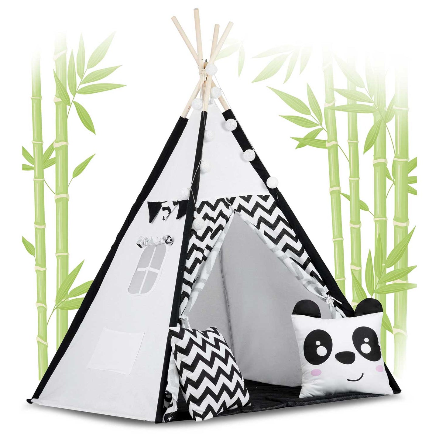 Cort de Joaca cu Lumini idealStore TIPI, model Tipi, Bumbac Natural, cu Perne, Covoras Izolator, Structura Stabila, Pereti Glisanti, Husa de Depozitare