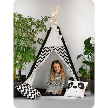 Cort de Joaca cu Lumini idealStore TIPI, model Tipi, Bumbac Natural, cu Perne, Covoras Izolator, Structura Stabila, Pereti Glisanti, Husa de Depozitare