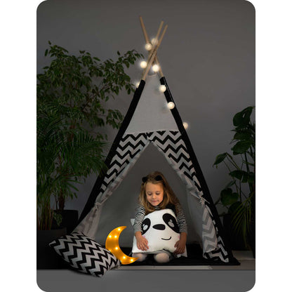 Cort de Joaca cu Lumini idealStore TIPI, model Tipi, Bumbac Natural, cu Perne, Covoras Izolator, Structura Stabila, Pereti Glisanti, Husa de Depozitare