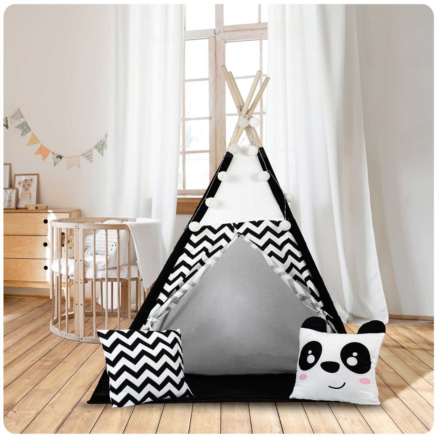 Cort de Joaca cu Lumini idealStore TIPI, model Tipi, Bumbac Natural, cu Perne, Covoras Izolator, Structura Stabila, Pereti Glisanti, Husa de Depozitare