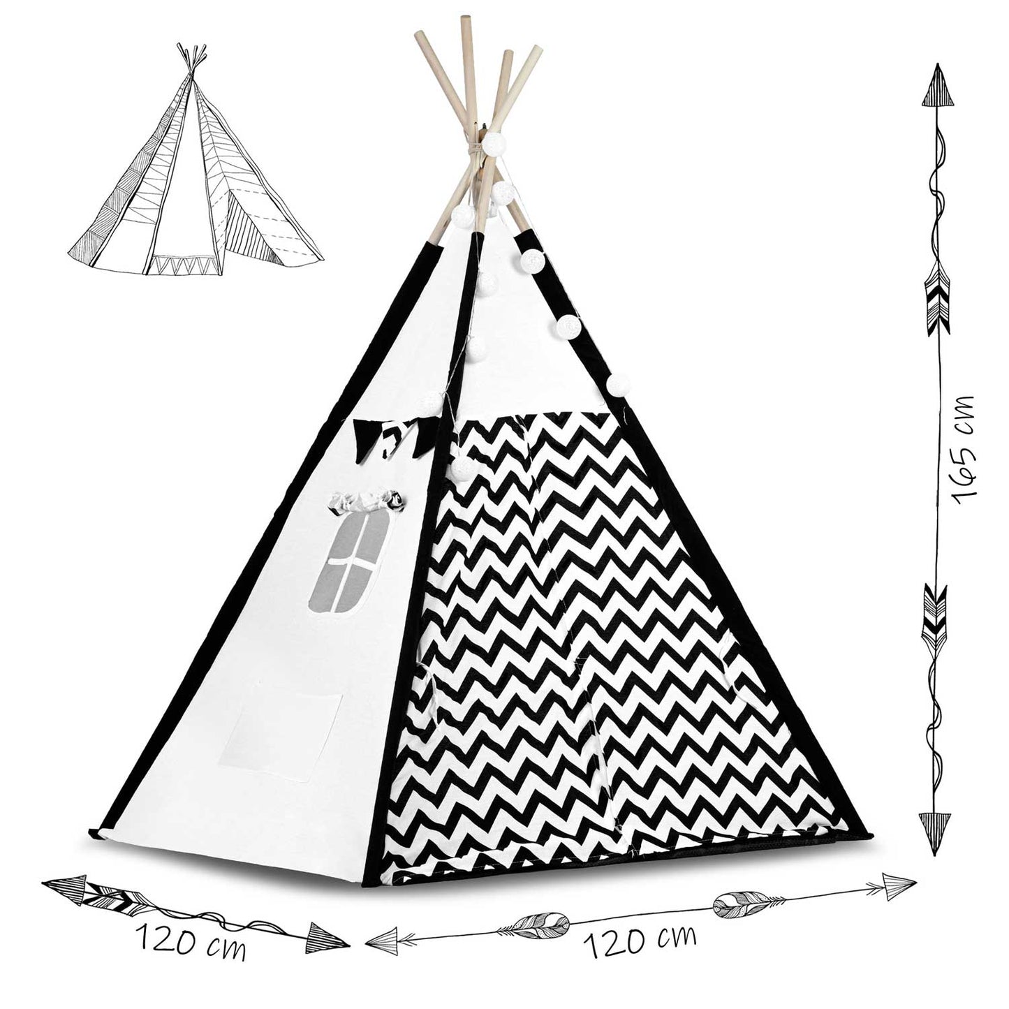 Cort de Joaca cu Lumini idealStore TIPI, model Tipi, Bumbac Natural, cu Perne, Covoras Izolator, Structura Stabila, Pereti Glisanti, Husa de Depozitare