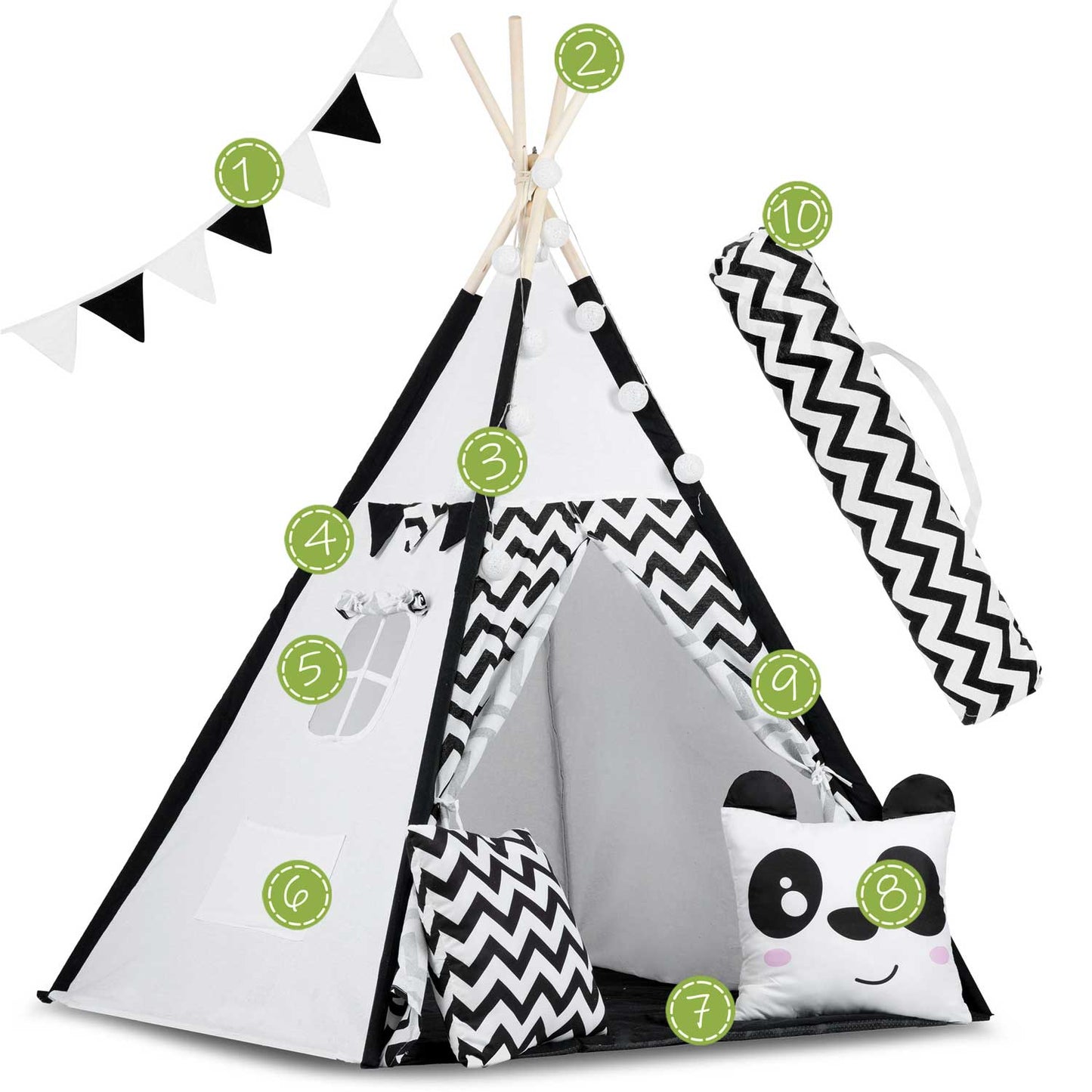 Cort de Joaca cu Lumini idealStore TIPI, model Tipi, Bumbac Natural, cu Perne, Covoras Izolator, Structura Stabila, Pereti Glisanti, Husa de Depozitare