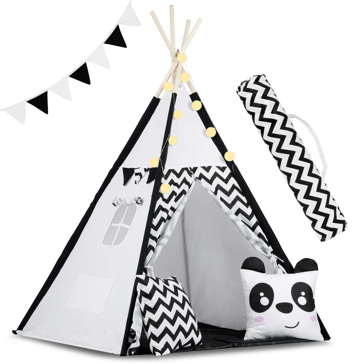 Cort de Joaca cu Lumini idealStore TIPI, model Tipi, Bumbac Natural, cu Perne, Covoras Izolator, Structura Stabila, Pereti Glisanti, Husa de Depozitare