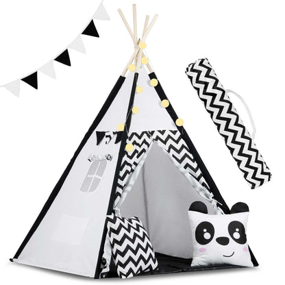 Cort de Joaca cu Lumini idealStore TIPI, model Tipi, Bumbac Natural, cu Perne, Covoras Izolator, Structura Stabila, Pereti Glisanti, Husa de Depozitare