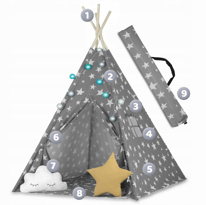 Cort de Joaca pentru Copii, Model Tipi, Cadru din Lemn de Pin, Material din Bumbac Premium, Imprimeu Stelute, Include 2 Pernute, Ghirlanda Luminoasa, Husa, 165x120x120 cm, Gri