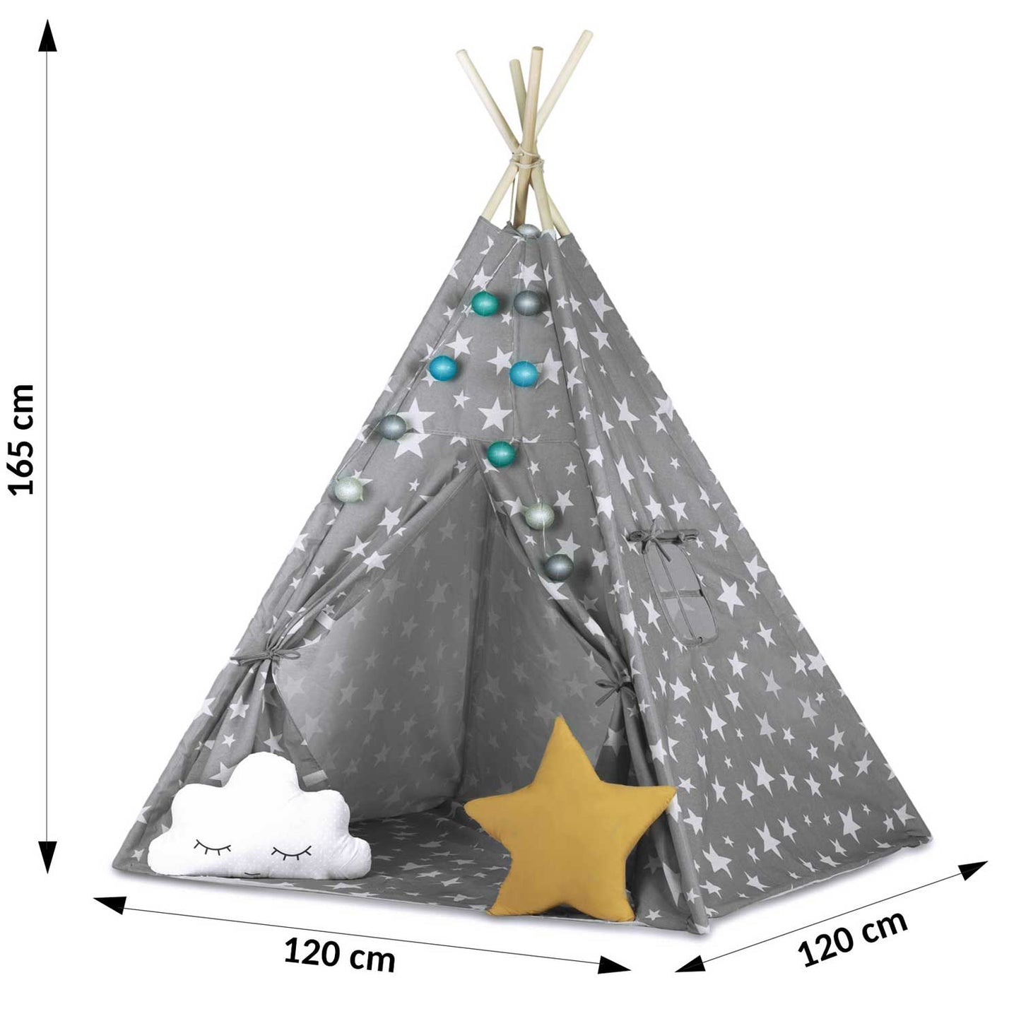 Cort de Joaca pentru Copii, Model Tipi, Cadru din Lemn de Pin, Material din Bumbac Premium, Imprimeu Stelute, Include 2 Pernute, Ghirlanda Luminoasa, Husa, 165x120x120 cm, Gri
