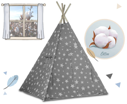 Cort de Joaca pentru Copii, Model Tipi, Cadru din Lemn de Pin, Material din Bumbac Premium, Imprimeu Stelute, Include 2 Pernute, Ghirlanda Luminoasa, Husa, 165x120x120 cm, Gri