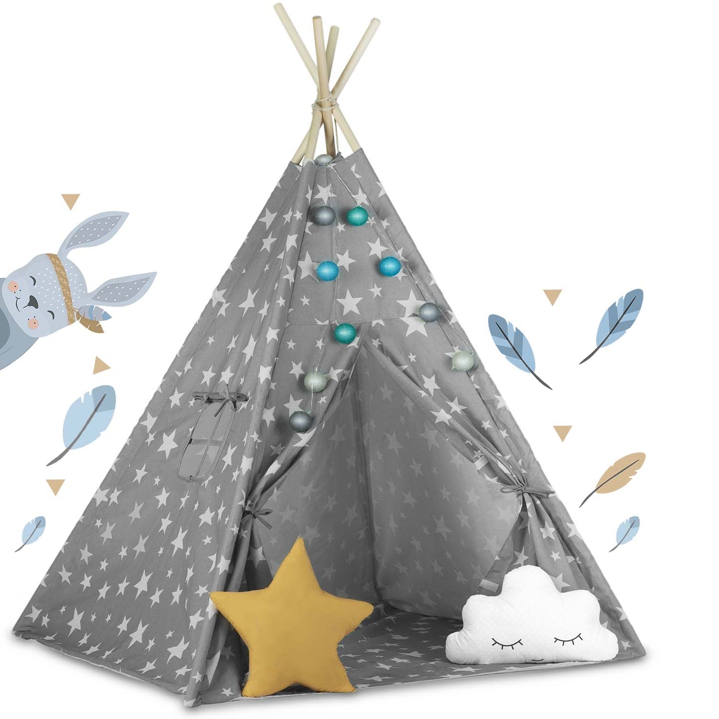 Cort de Joaca pentru Copii, Model Tipi, Cadru din Lemn de Pin, Material din Bumbac Premium, Imprimeu Stelute, Include 2 Pernute, Ghirlanda Luminoasa, Husa, 165x120x120 cm, Gri