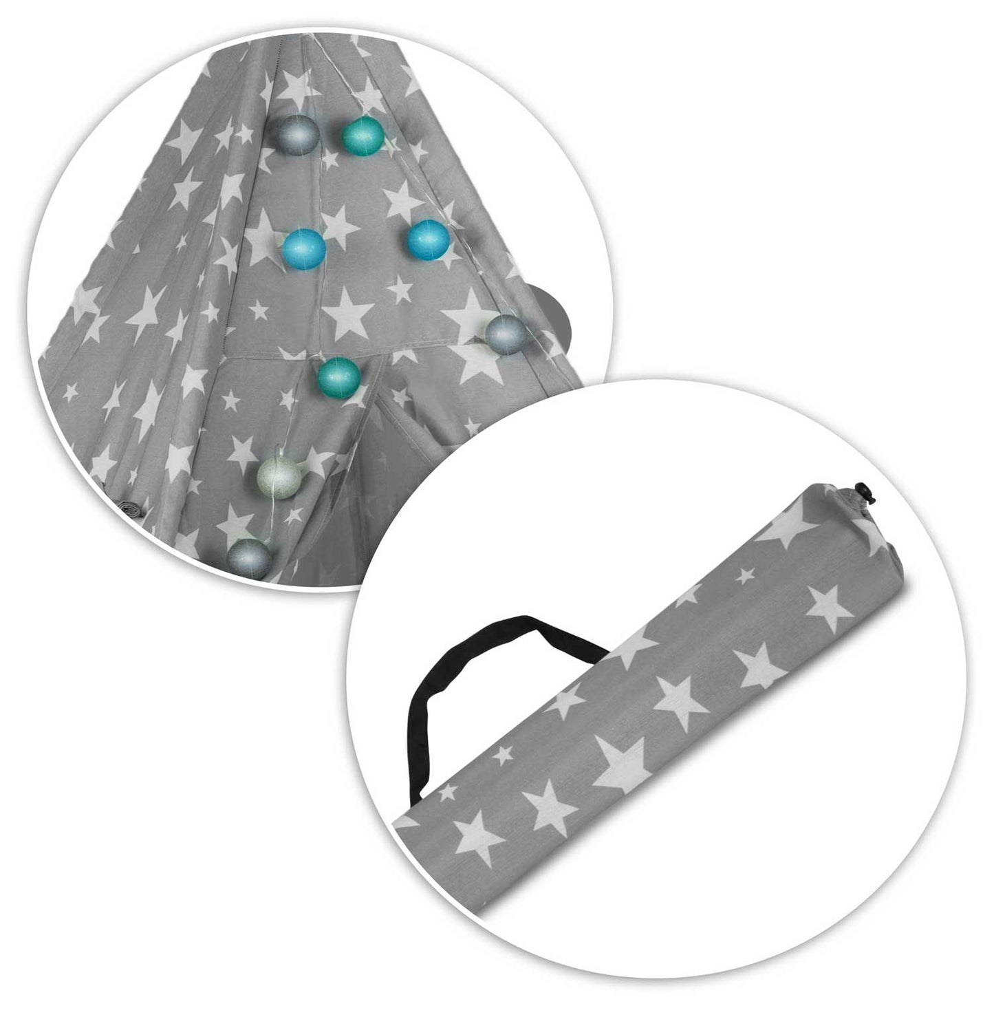 Cort de Joaca pentru Copii, Model Tipi, Cadru din Lemn de Pin, Material din Bumbac Premium, Imprimeu Stelute, Include 2 Pernute, Ghirlanda Luminoasa, Husa, 165x120x120 cm, Gri