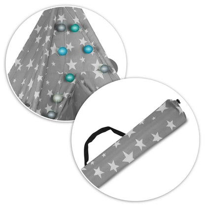 Cort de Joaca pentru Copii, Model Tipi, Cadru din Lemn de Pin, Material din Bumbac Premium, Imprimeu Stelute, Include 2 Pernute, Ghirlanda Luminoasa, Husa, 165x120x120 cm, Gri