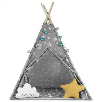 Cort de Joaca pentru Copii, Model Tipi, Cadru din Lemn de Pin, Material din Bumbac Premium, Imprimeu Stelute, Include 2 Pernute, Ghirlanda Luminoasa, Husa, 165x120x120 cm, Gri