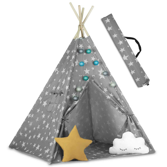 Cort de Joaca pentru Copii, Model Tipi, Cadru din Lemn de Pin, Material din Bumbac Premium, Imprimeu Stelute, Include 2 Pernute, Ghirlanda Luminoasa, Husa, 165x120x120 cm, Gri