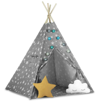 Cort de Joaca pentru Copii, Model Tipi, Cadru din Lemn de Pin, Material din Bumbac Premium, Imprimeu Stelute, Include 2 Pernute, Ghirlanda Luminoasa, Husa, 165x120x120 cm, Gri