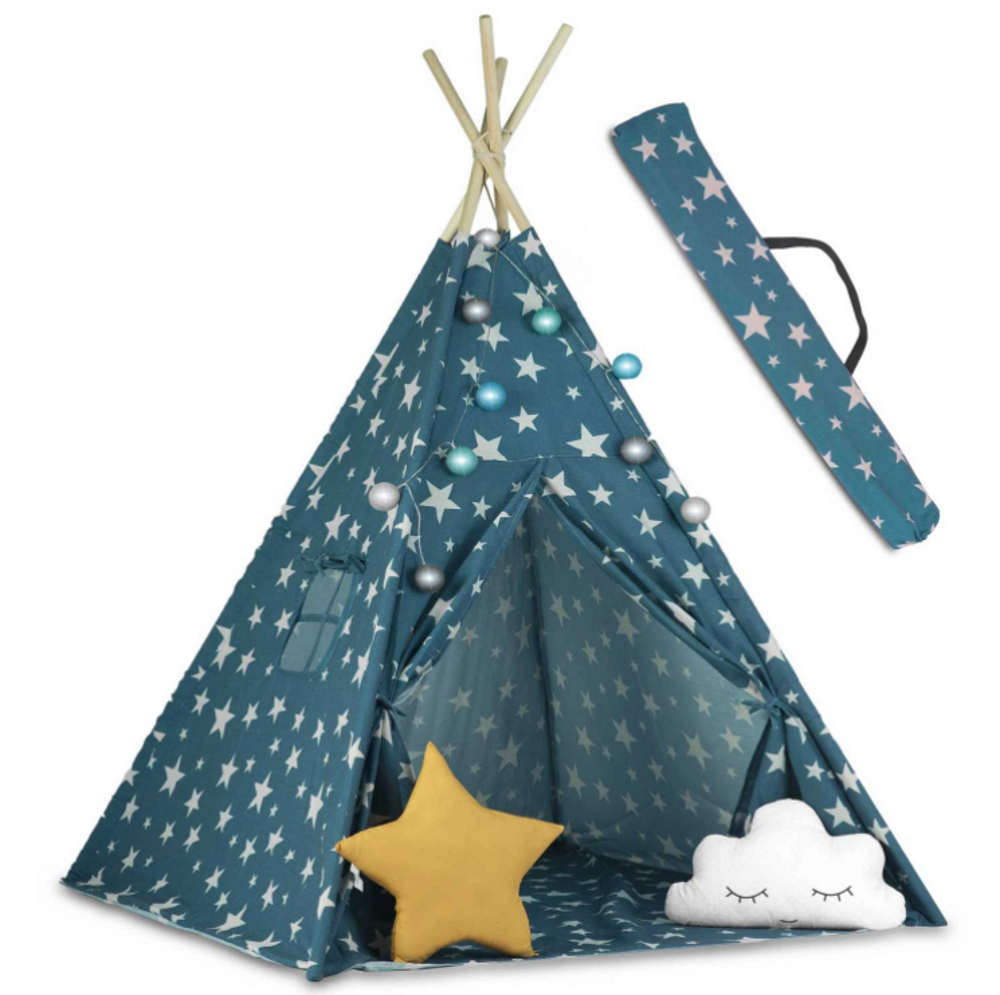 Cort de Joaca pentru copii IdealStore, model Tipi indian, Material din bumbac cu Stelute si cadru din Lemn de Pin,120x120x165 cm, Albastru