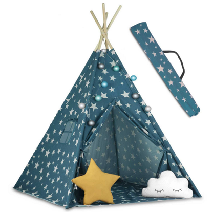 Cort de Joaca pentru copii IdealStore, model Tipi indian, Material din bumbac cu Stelute si cadru din Lemn de Pin,120x120x165 cm, Albastru