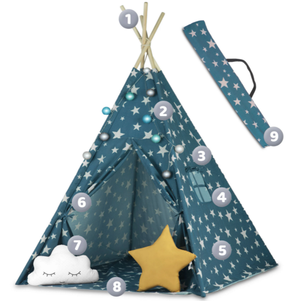 Cort de Joaca pentru copii IdealStore, model Tipi indian, Material din bumbac cu Stelute si cadru din Lemn de Pin,120x120x165 cm, Albastru