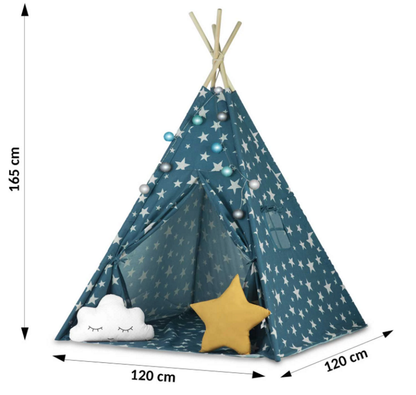 Cort de Joaca pentru copii IdealStore, model Tipi indian, Material din bumbac cu Stelute si cadru din Lemn de Pin,120x120x165 cm, Albastru