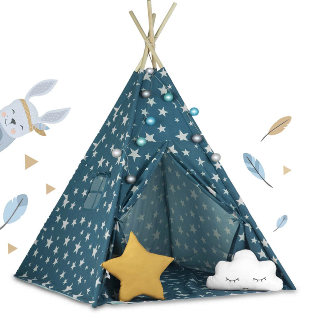 Cort de Joaca pentru copii IdealStore, model Tipi indian, Material din bumbac cu Stelute si cadru din Lemn de Pin,120x120x165 cm, Albastru