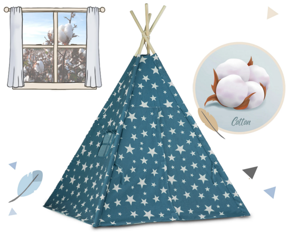 Cort de Joaca pentru copii IdealStore, model Tipi indian, Material din bumbac cu Stelute si cadru din Lemn de Pin,120x120x165 cm, Albastru