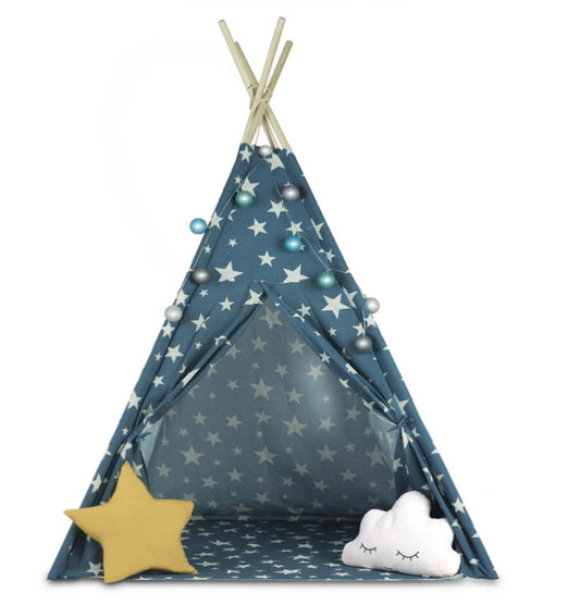 Cort de Joaca pentru copii IdealStore, model Tipi indian, Material din bumbac cu Stelute si cadru din Lemn de Pin,120x120x165 cm, Albastru
