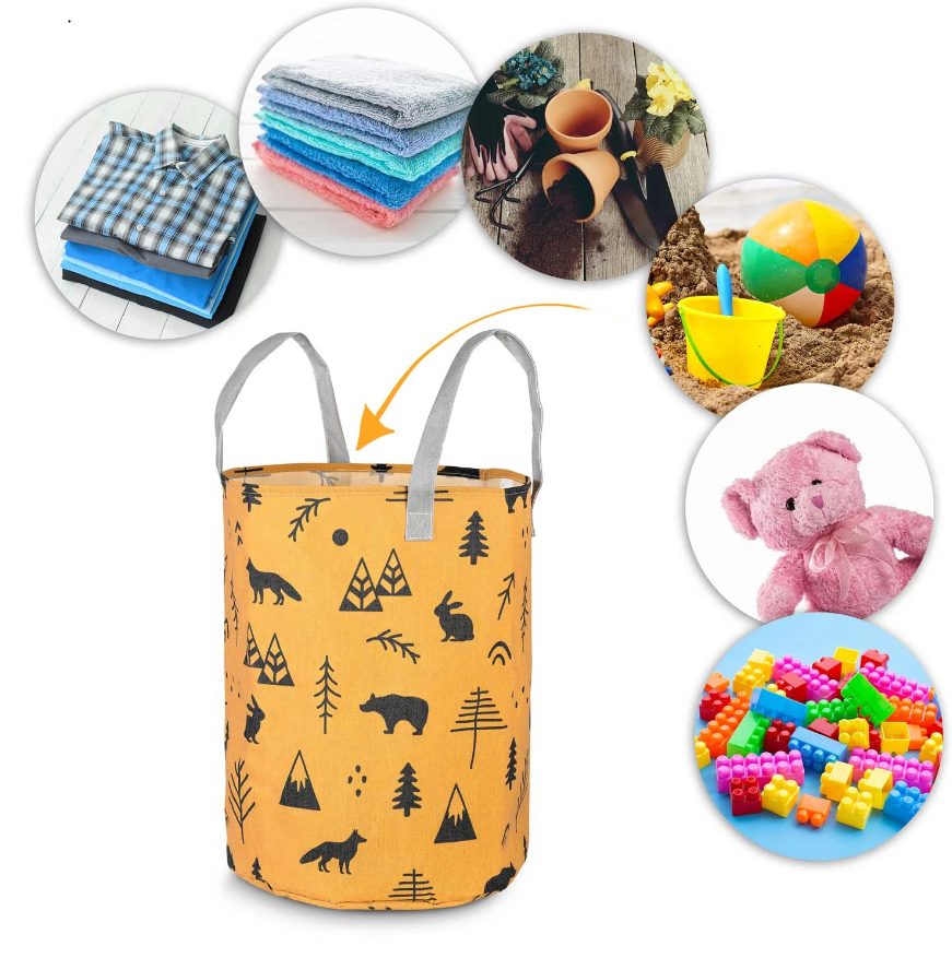 Cos Pentru Jucarii Rikko idealSTORE, Dimensiuni 60 x 35 cm, Material Impermeabil, Tesatura de Bumbac, Practic si Modern, Galben