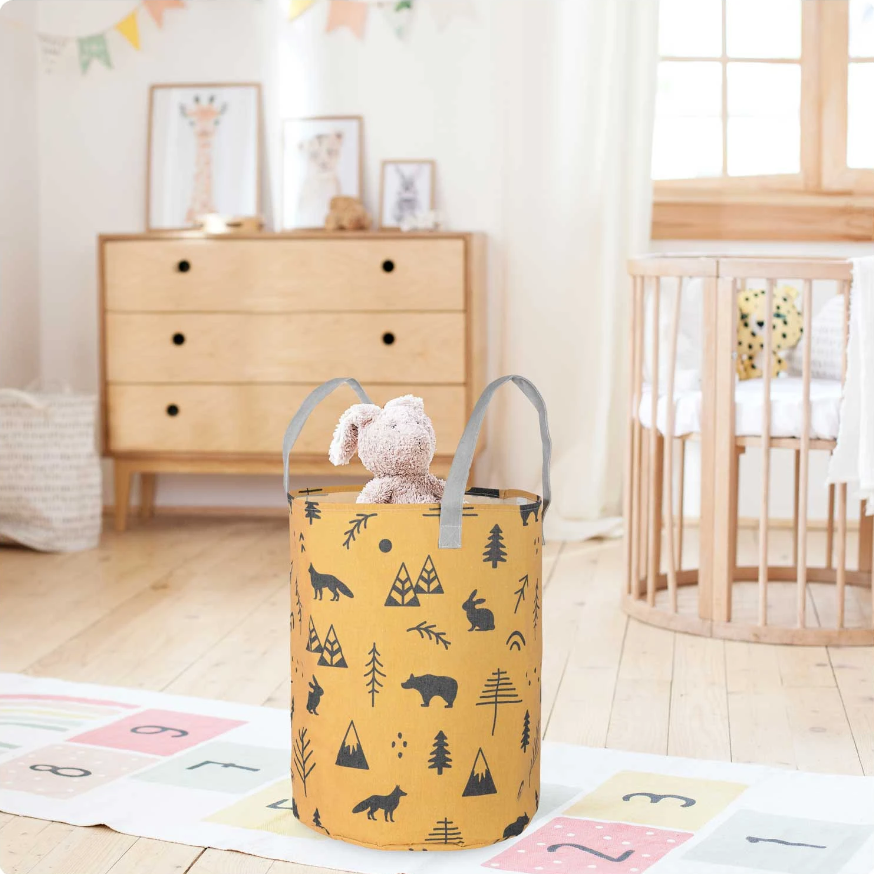 Cos Pentru Jucarii Rikko idealSTORE, Dimensiuni 60 x 35 cm, Material Impermeabil, Tesatura de Bumbac, Practic si Modern, Galben