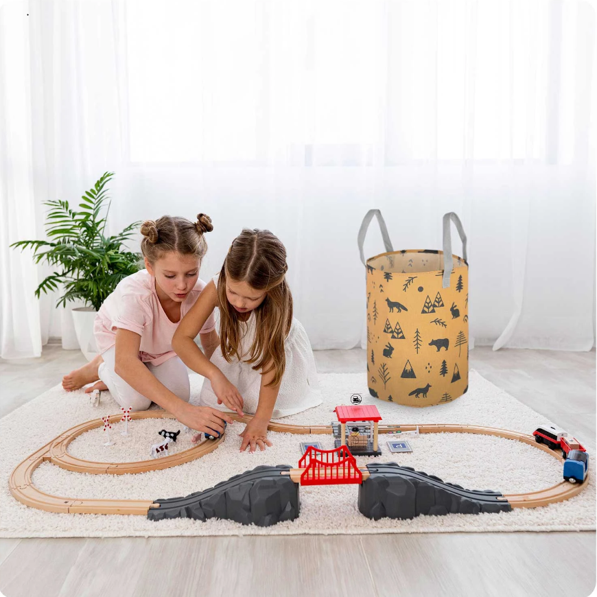 Cos Pentru Jucarii Rikko idealSTORE, Dimensiuni 60 x 35 cm, Material Impermeabil, Tesatura de Bumbac, Practic si Modern, Galben