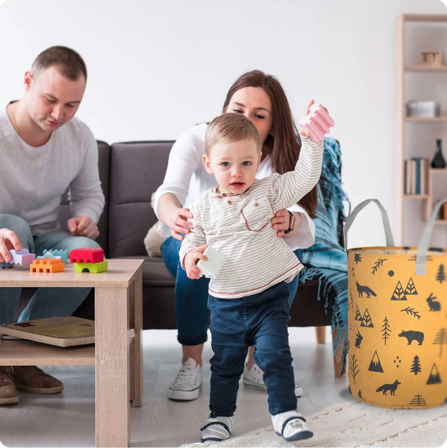 Cos Pentru Jucarii Rikko idealSTORE, Dimensiuni 60 x 35 cm, Material Impermeabil, Tesatura de Bumbac, Practic si Modern, Galben