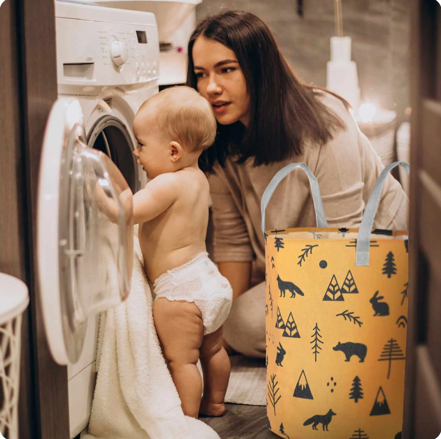 Cos Pentru Jucarii Rikko idealSTORE, Dimensiuni 60 x 35 cm, Material Impermeabil, Tesatura de Bumbac, Practic si Modern, Galben