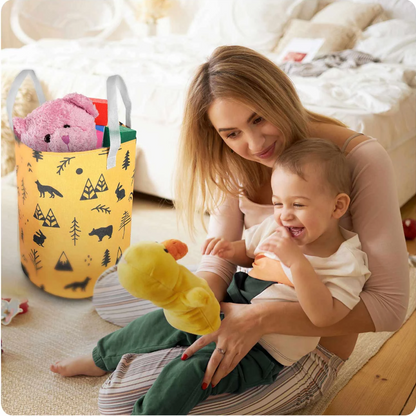 Cos Pentru Jucarii Rikko idealSTORE, Dimensiuni 60 x 35 cm, Material Impermeabil, Tesatura de Bumbac, Practic si Modern, Galben