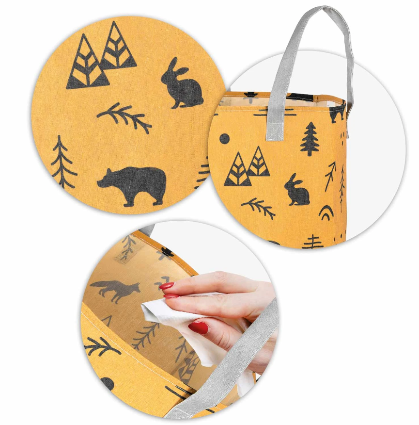 Cos Pentru Jucarii Rikko idealSTORE, Dimensiuni 60 x 35 cm, Material Impermeabil, Tesatura de Bumbac, Practic si Modern, Galben