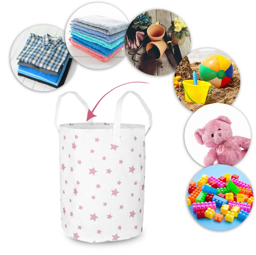 Cos Pentru Jucarii Rikko idealSTORE, Dimensiuni 60 x 35 cm, Material Impermeabil, Tesatura de Bumbac, Practic si Modern, Alb Roz