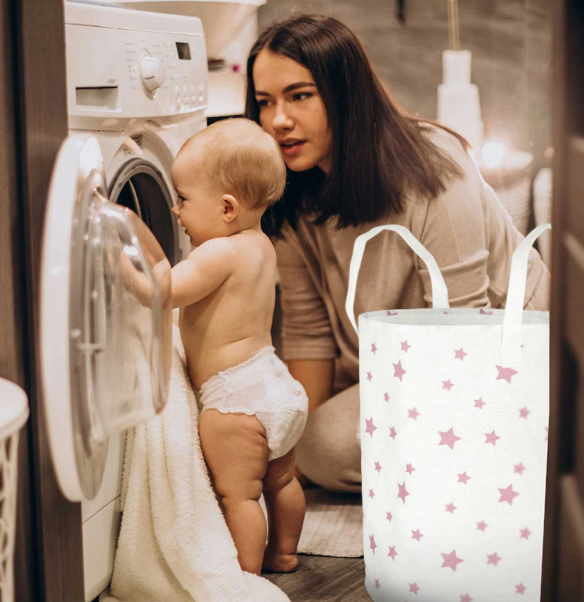 Cos Pentru Jucarii Rikko idealSTORE, Dimensiuni 60 x 35 cm, Material Impermeabil, Tesatura de Bumbac, Practic si Modern, Alb Roz