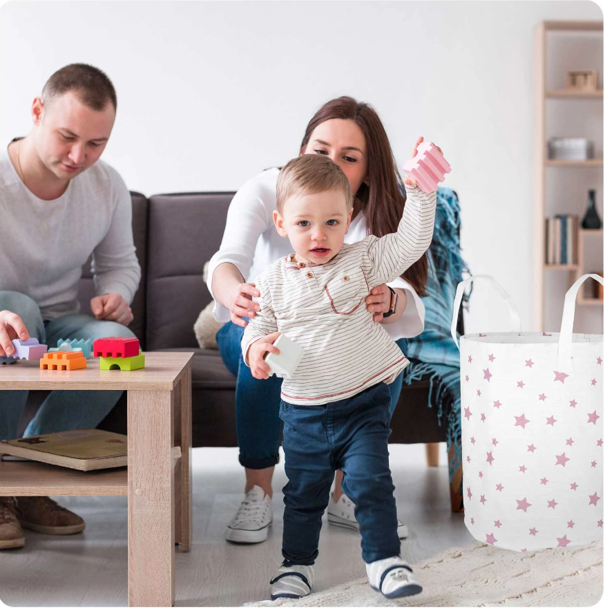 Cos Pentru Jucarii Rikko idealSTORE, Dimensiuni 60 x 35 cm, Material Impermeabil, Tesatura de Bumbac, Practic si Modern, Alb Roz