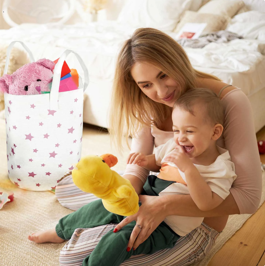 Cos Pentru Jucarii Rikko idealSTORE, Dimensiuni 60 x 35 cm, Material Impermeabil, Tesatura de Bumbac, Practic si Modern, Alb Roz