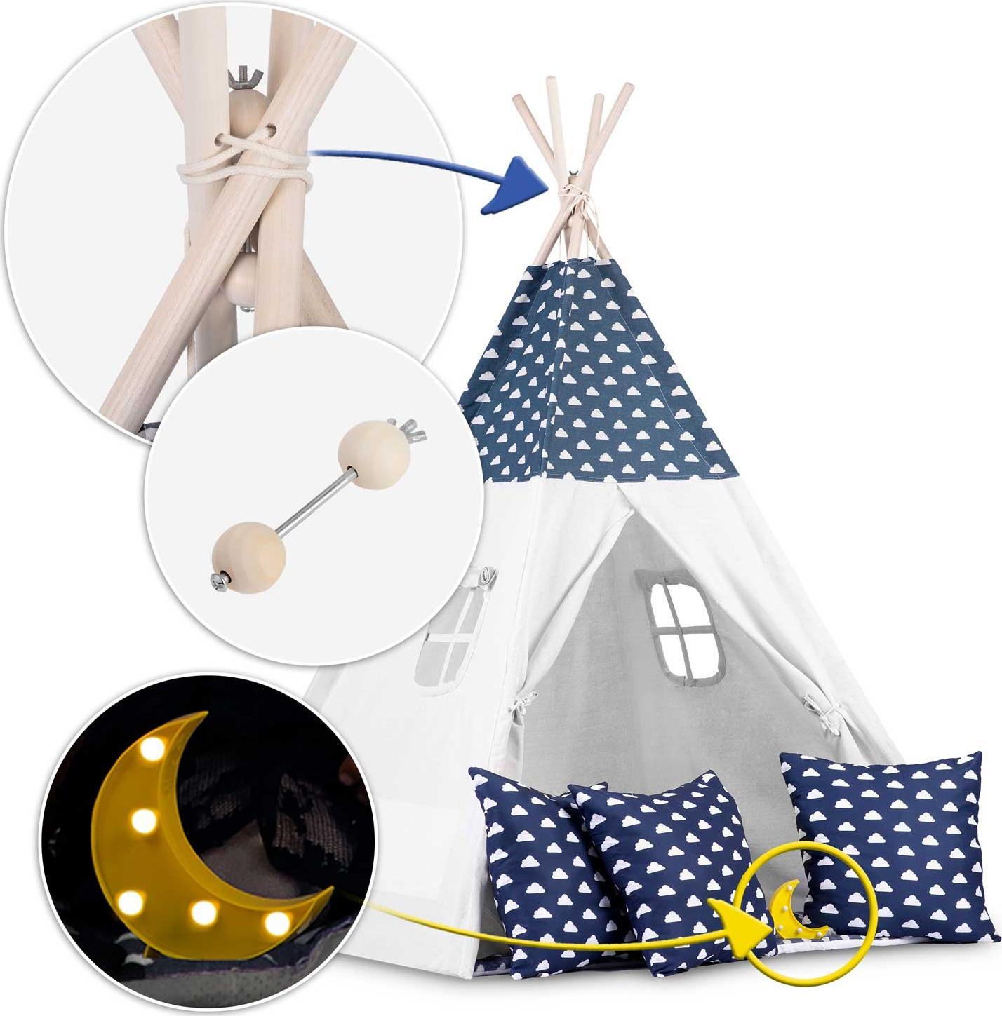 Cort de Joaca cu Lumini idealStore TIPI, model Tipi, Bumbac Natural, cu Perne, Covoras Izolator, Structura Stabila, Pereti Glisanti, Husa de Depozitare, culoare Albastru Alb