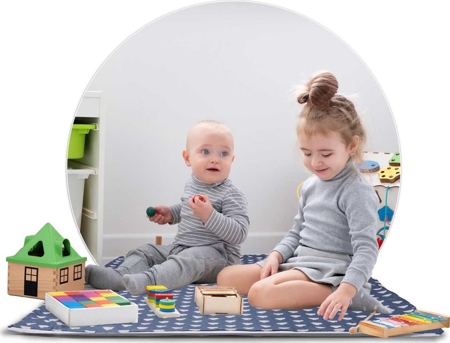 Cort de Joaca cu Lumini idealStore TIPI, model Tipi, Bumbac Natural, cu Perne, Covoras Izolator, Structura Stabila, Pereti Glisanti, Husa de Depozitare, culoare Albastru Alb