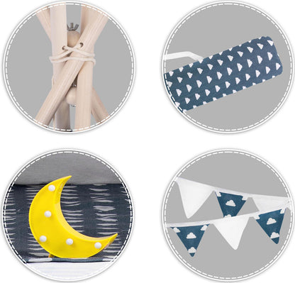 Cort de Joaca cu Lumini idealStore TIPI, model Tipi, Bumbac Natural, cu Perne, Covoras Izolator, Structura Stabila, Pereti Glisanti, Husa de Depozitare, culoare Albastru Alb