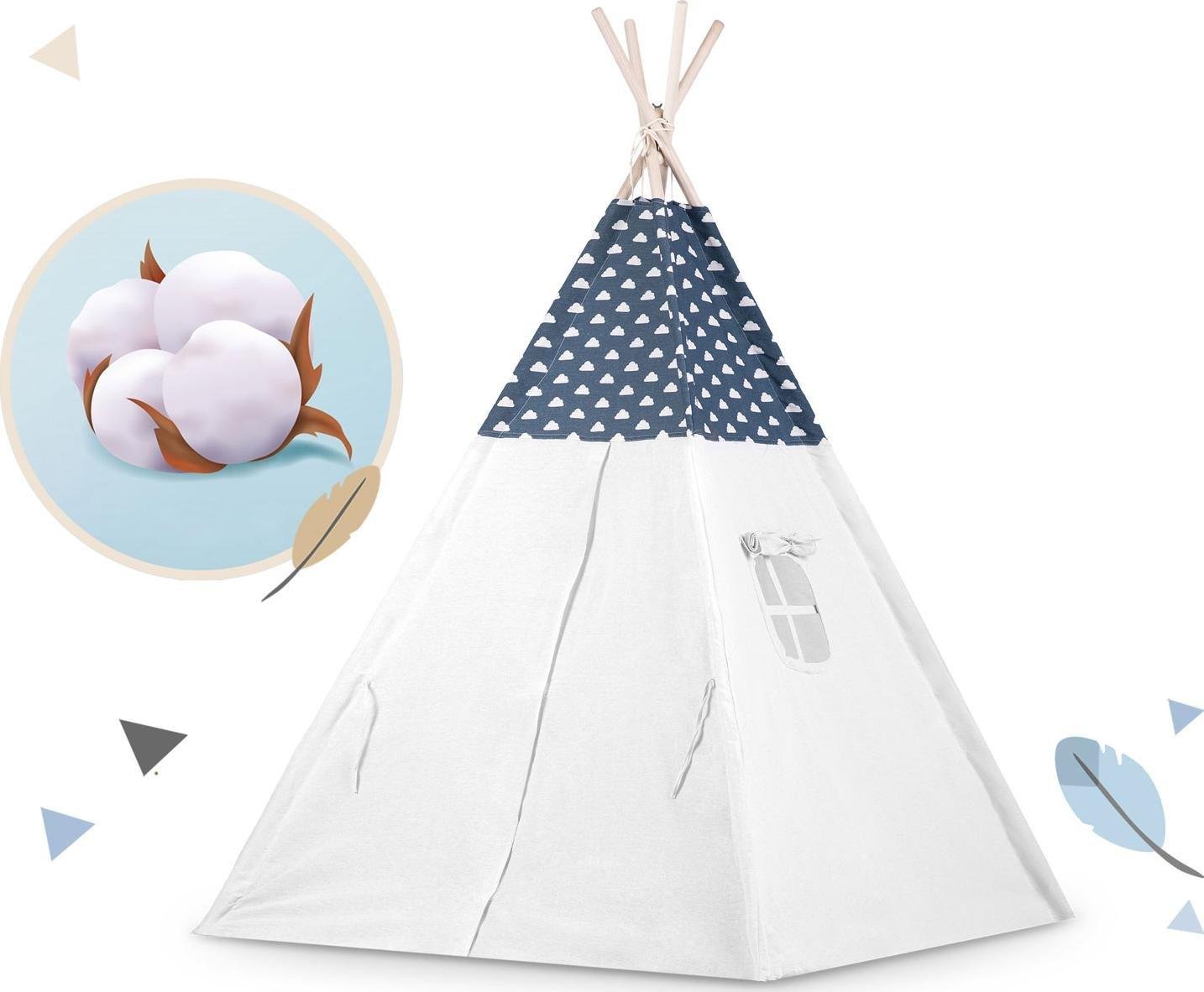 Cort de Joaca cu Lumini idealStore TIPI, model Tipi, Bumbac Natural, cu Perne, Covoras Izolator, Structura Stabila, Pereti Glisanti, Husa de Depozitare, culoare Albastru Alb