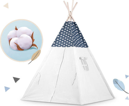 Cort de Joaca cu Lumini idealStore TIPI, model Tipi, Bumbac Natural, cu Perne, Covoras Izolator, Structura Stabila, Pereti Glisanti, Husa de Depozitare, culoare Albastru Alb