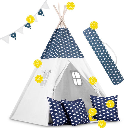 Cort de Joaca cu Lumini idealStore TIPI, model Tipi, Bumbac Natural, cu Perne, Covoras Izolator, Structura Stabila, Pereti Glisanti, Husa de Depozitare, culoare Albastru Alb