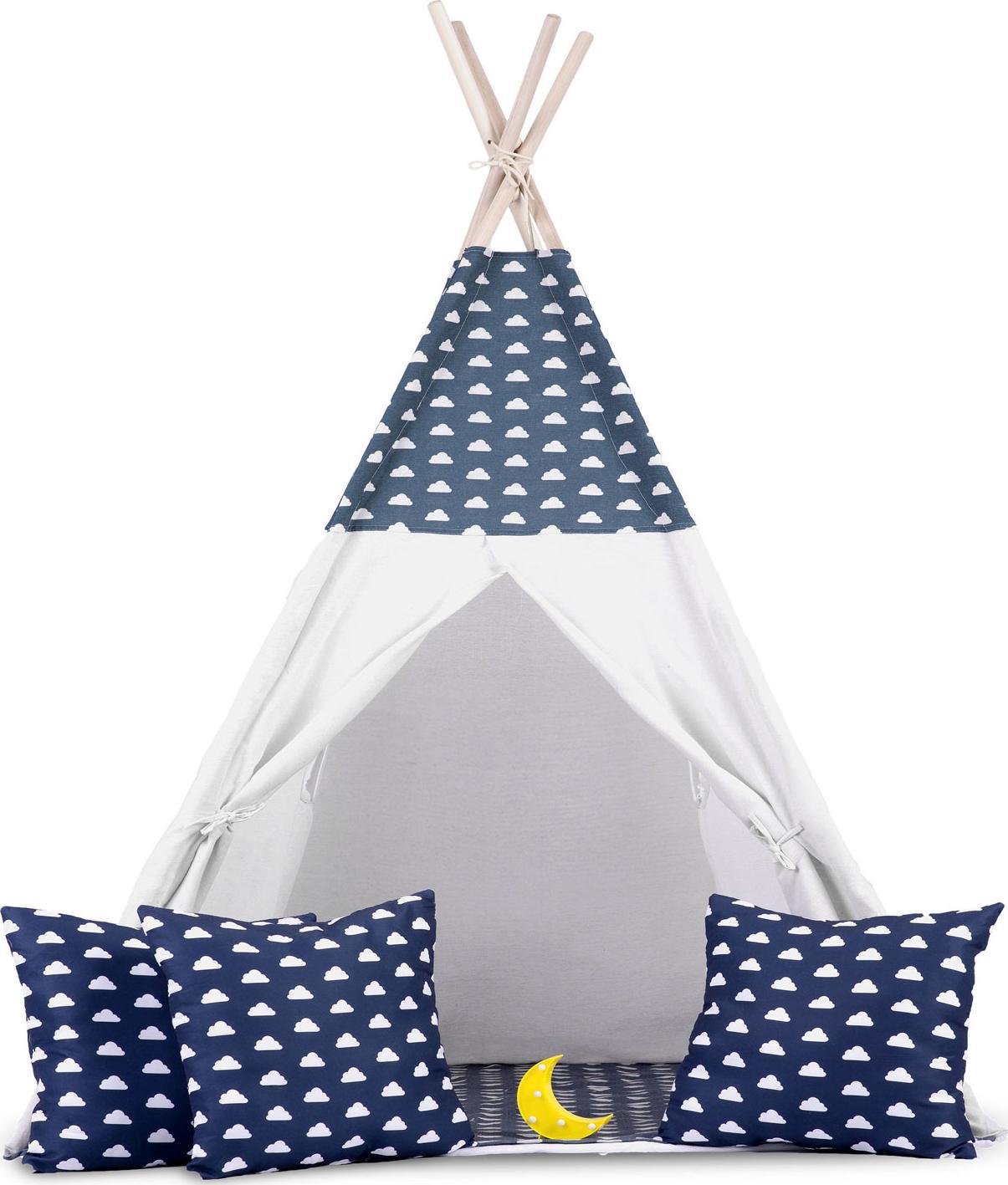 Cort de Joaca cu Lumini idealStore TIPI, model Tipi, Bumbac Natural, cu Perne, Covoras Izolator, Structura Stabila, Pereti Glisanti, Husa de Depozitare, culoare Albastru Alb